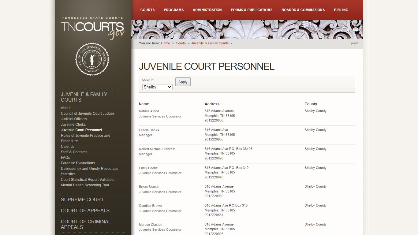 Juvenile Court Personnel | Tennessee Administrative Office of the Courts